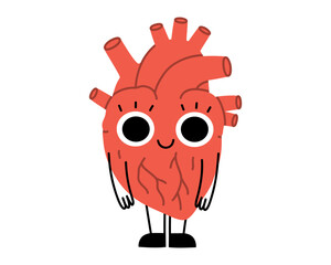 Hand drawn cute illustration human heart with smiling face. internal organ, feelings and emotions symbol character in doodle style. Mental health, medicine sticker, icon or print. Isolated on white.