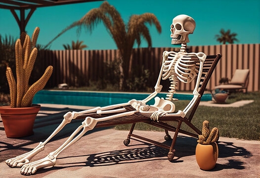 The skeleton lies on a sunbed near the pool in the background greenery. AI Generated