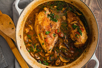 Chicken Pinot Noir with Wild Mushrooms and Fresh Basil: Chicken breasts in a cast-iron Dutch oven with a hearty tomato and mushroom sauce