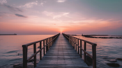 Fototapeta na wymiar Footbridge sea beach , Meditation by the Sea at Sunset