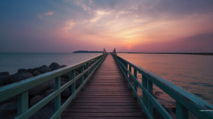 Fototapeta na wymiar Footbridge sea beach , Meditation by the Sea at Sunset