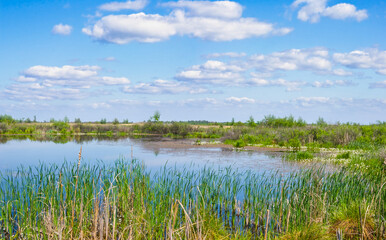 small calm lake in prairie under cloudy sky