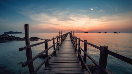 Fototapeta premium Footbridge sea beach , Meditation by the Sea at Sunset