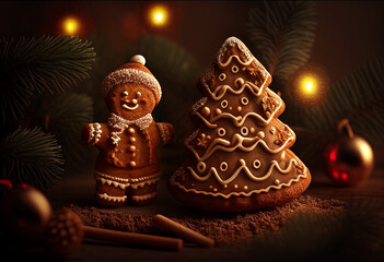 Christmas gingerbread on the background of the Christmas tree. AI Generated
