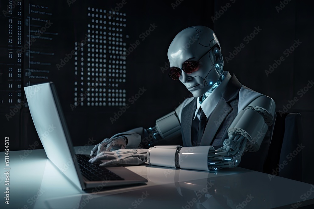 Poster 3d rendering humanoid robot working on laptop computer in dark room with binary code, futuristic ai 