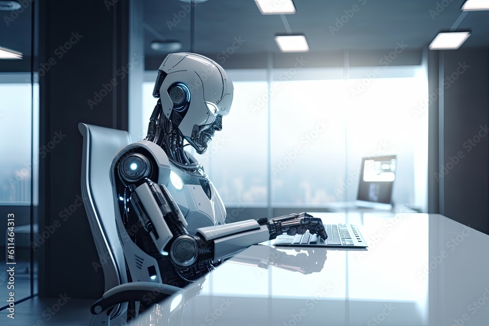 Poster 3d rendering humanoid robot working in modern office with computer on table, futuristic ai robot ceo