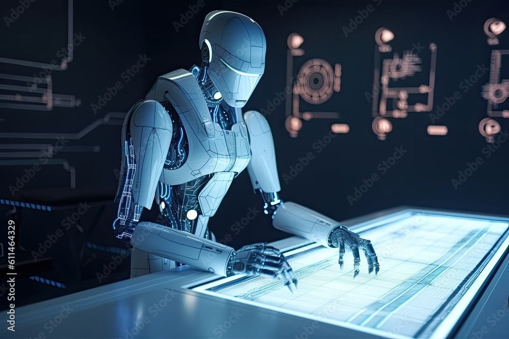 Poster 3d rendering humanoid robot working with a tablet computer on dark background, futuristic ai robot e