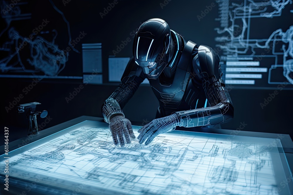 Poster 3d rendering robot working with blueprints on table in dark room, futuristic ai robot engineer worki