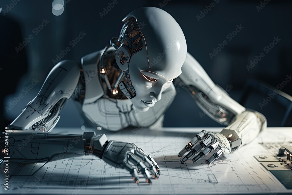 Canvas Prints 3d rendering humanoid robot working on blueprint at night time in office, futuristic ai robot engine