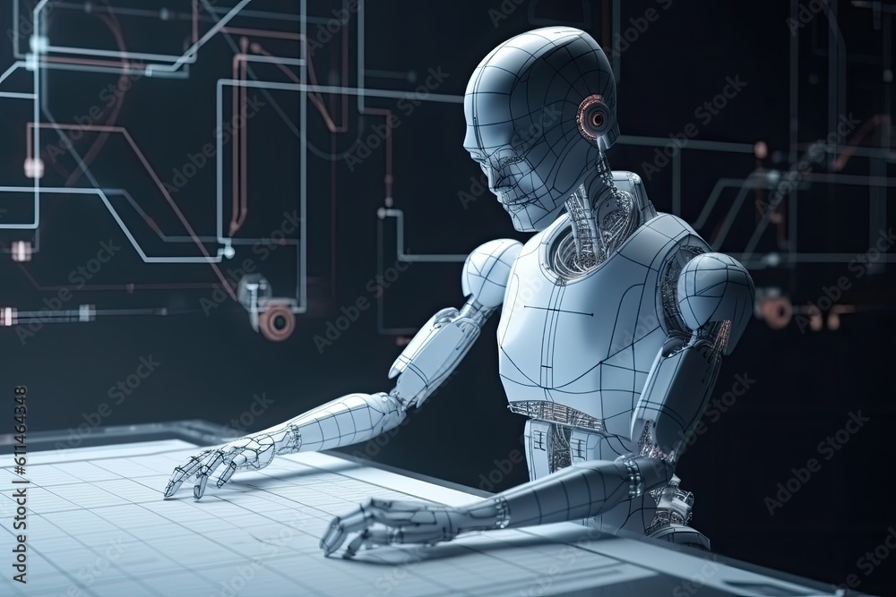 Poster 3d rendering of a female robot sitting on a tablet computer. futuristic ai robot engineer working wi