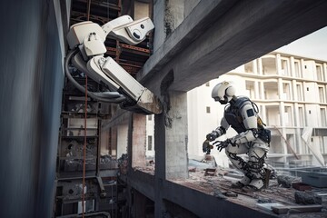 Astronaut and robot in an abandoned factory. 3D rendering. Futuristic AI robot handyman working on a construct, AI Generated