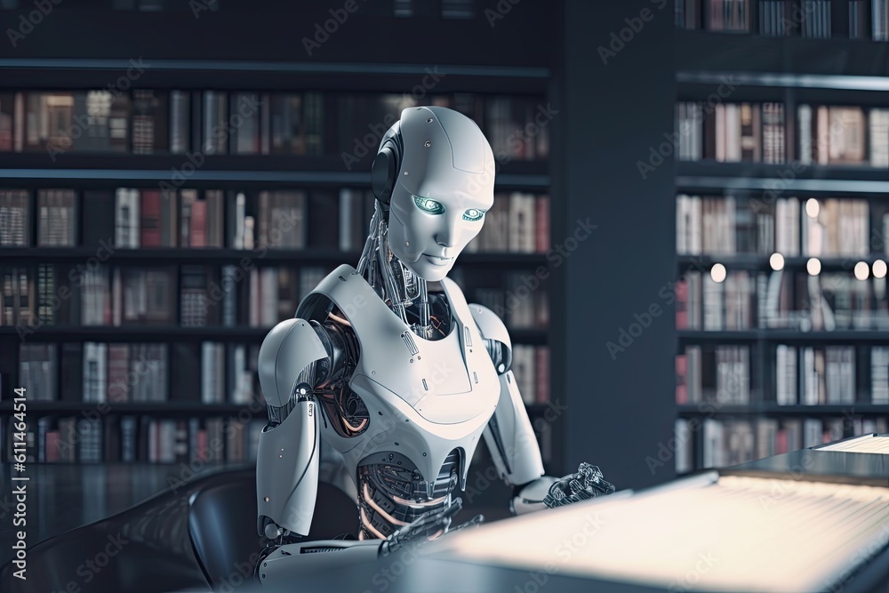 Canvas Prints 3d rendering humanoid robot working in a library with bookshelf, futuristic ai robot reading books i