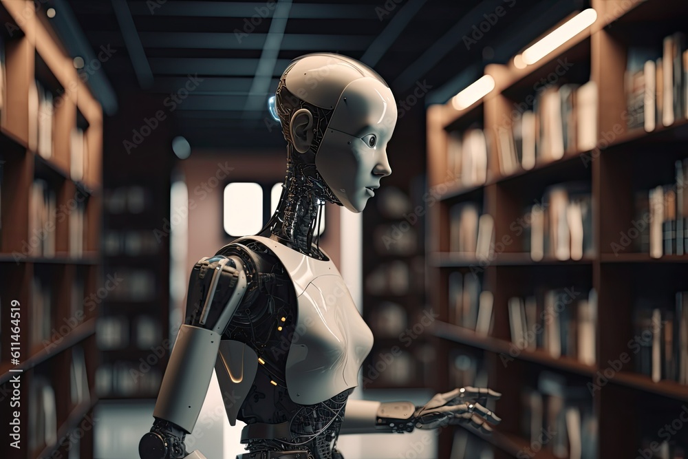 Poster 3d rendering humanoid robot in library with bookshelves on background, futuristic ai robot reading b