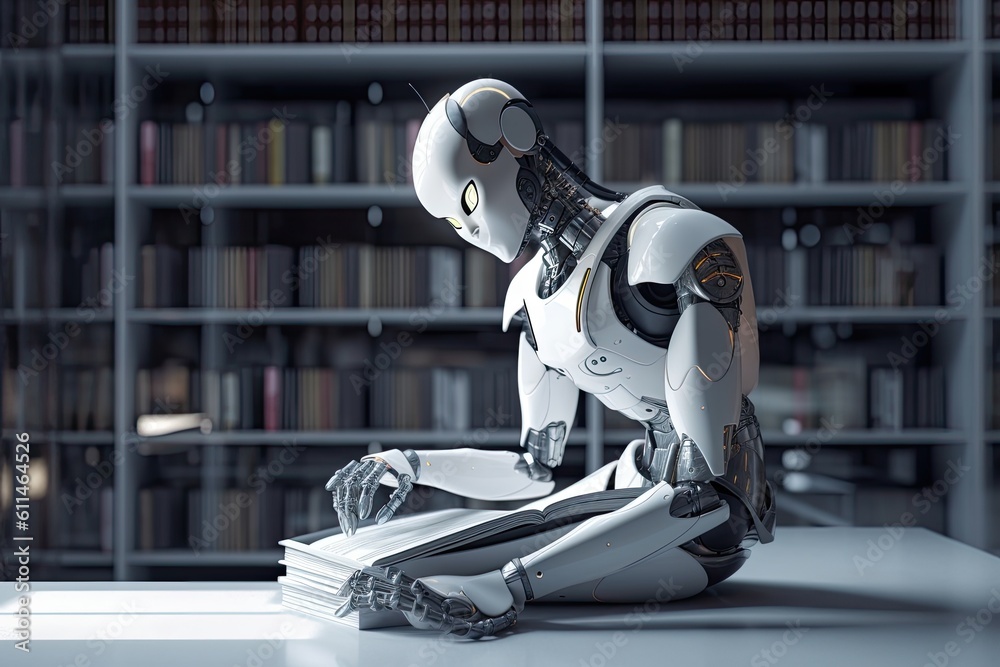 Poster 3d rendering robot sitting on the table with bookshelf background, futuristic ai robot reading books