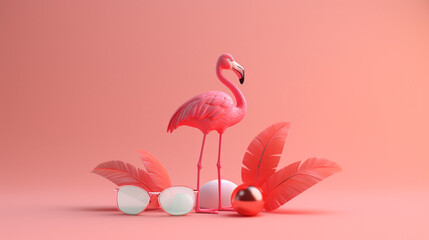 Generative Ai Illustration. Tropical background with pink flamingo.