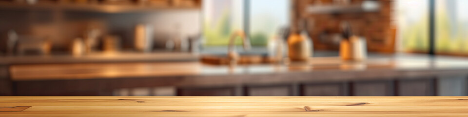Wood table top on blur kitchen counter background Generative AI