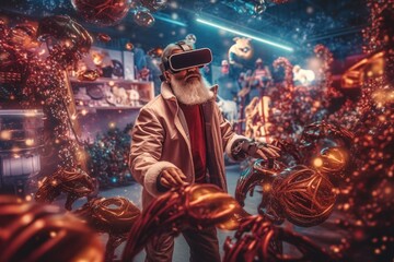 Santa Claus VR/AR Headset - Illustration created with generative ai