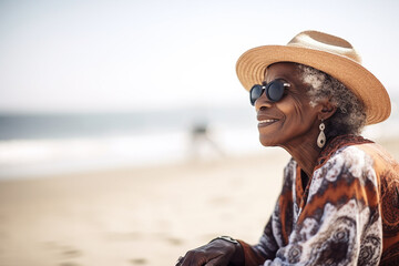 Senior afro-american woman relaxing on a beach, copy space. Generative AI