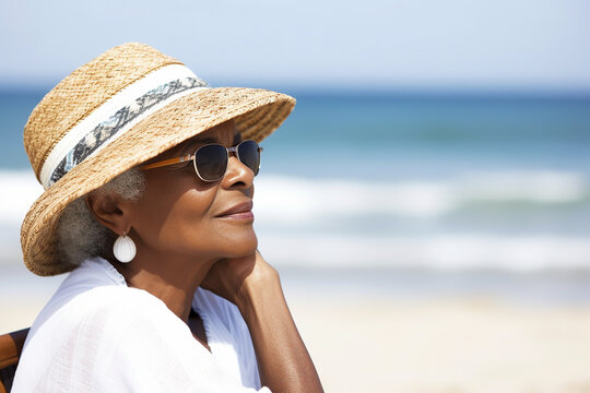 Senior afro-american woman relaxing on a beach, copyspace. Generative AI
