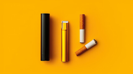 Naklejka premium Cigarettes and electronic tobacco smoking system isolated on yellow background. Top view. Generative AI.