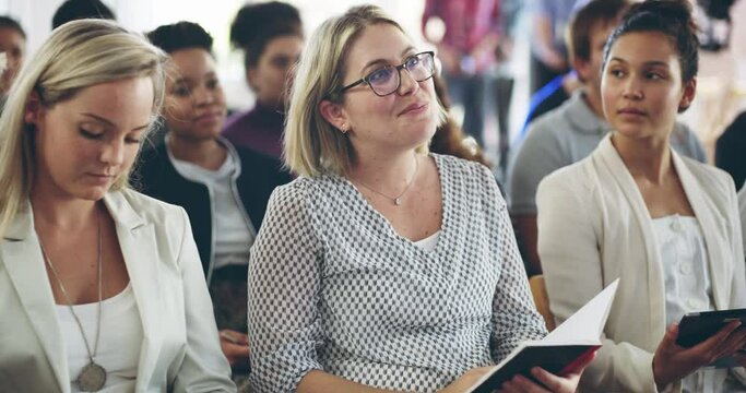 Audience, worker seminar and woman question for speaker at a company conference. Tradeshow, crowd and business employee with conversation and discussion at a entrepreneur workshop for training