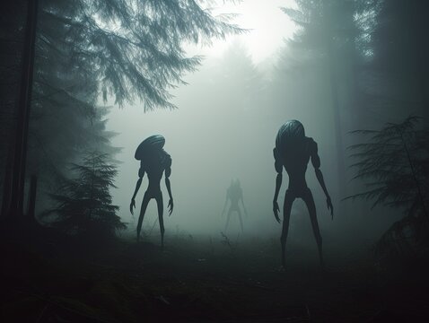 Alien silhouettes in misty forest created with Generative AI technology.