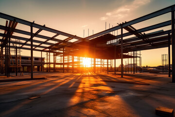 Construction site of large residential commercial building, some floors already built. Metal structure with evening sky sunset background. Generative AI - Powered by Adobe
