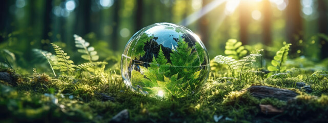 Crystal earth on ferns in green grass forest with sunlight. Environment, earth day, ecology. Created with generative AI technology