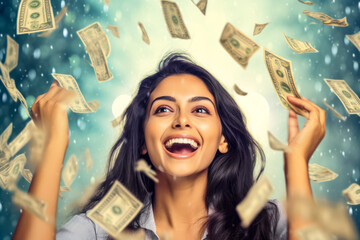 Winning a lottery concept. Smiling young Indian woman, happy expression, mouth open of excitement - money banknotes flying in air around. Generative AI - obrazy, fototapety, plakaty