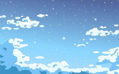 Vector illustration of Cloudy Sky in Anime style, falling stars