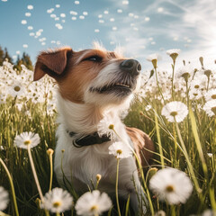  ai generated dog in white chamomile flowers field
