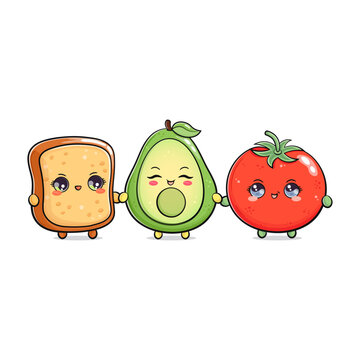 Avocado bread tomato. Vector hand drawn doodle style cartoon character illustration icon design. Happy Avocado bread tomato friends concept card