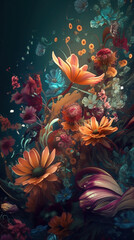 Fototapeta na wymiar flowers on a dark background. vertical postcard. wallpaper for smartphone, greeting cards. generative ai, ai, generative
