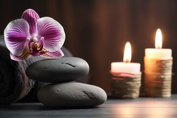 stones, candles, flowers in the massage parlour. Beauty spa treatment and relax. ai, ai generative, generative ai