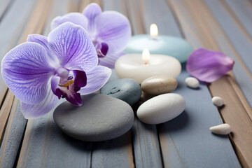 Fototapeta na wymiar stones, candles, flowers in the massage parlour. Beauty spa treatment and relax. ai, ai generative, generative ai