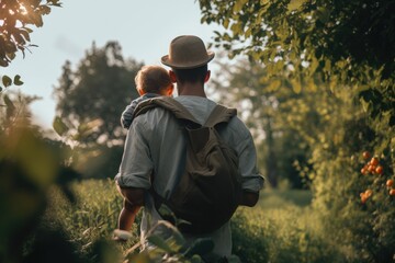 Back view of father and son walking in the garden. Father's day concept,Full rear view of a father carrying his baby on hill