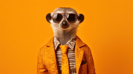 Quirky Little Meerkat Wearing Sunglasses Against an Orange Background - Generative AI