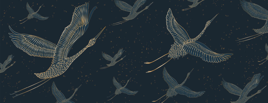 Fototapeta Luxurious dark blue background with crane birds with golden details. Animal hand drawn banner for decor, wallpaper, interior design, print, poster.
