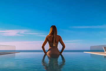 Rear view of a long hair woman in bikini in infinity pool, Generative Ai.
