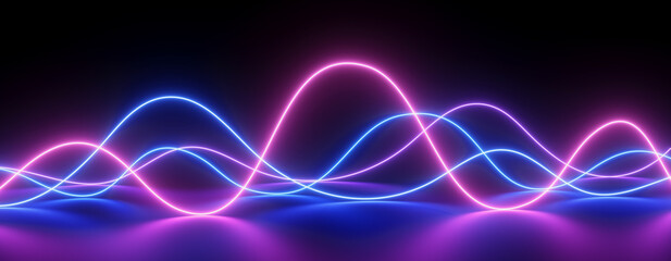Panoramic background with neon lights. Laser show, impulse, equalizer chart, ultraviolet spectrum, pulse power lines. 3d rendering illustration.
