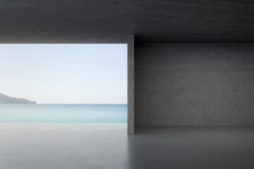 Empty concrete room with sea and sky background. 3d rendering of abstract interior space.