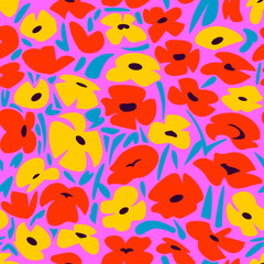 Fototapeta na wymiar Hand drawn seamless pattern with beautiful various daisies and poppies on hot pink background. Vector illustration, retro style.