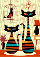Two black cats in a room with a caged bird. Handmade drawing vector illustration. Retro style poster.