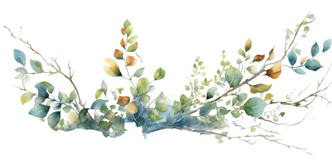 slender side decor from small branches in watercolor design isolated against transparent