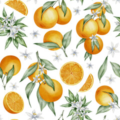 Obraz premium Seamless Pattern with Orange Fruit Branches, green leaves and flowers. Hand drawn watercolor illustration of citrus food for wrapping paper or textile design. Print on white isolated background.