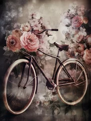 Foto op Plexiglas Fiets a brown and pink bicycle with floral design on it, in the style of light violet and dark gold, painterly texture, black and white etchings, spectacular backdrops, multilayered, bloomcore, romantic emo