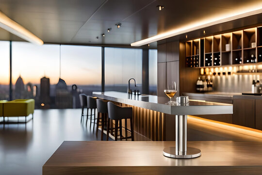 a blurred background of a trendy bar with bokeh, accentuating a sleek metal table