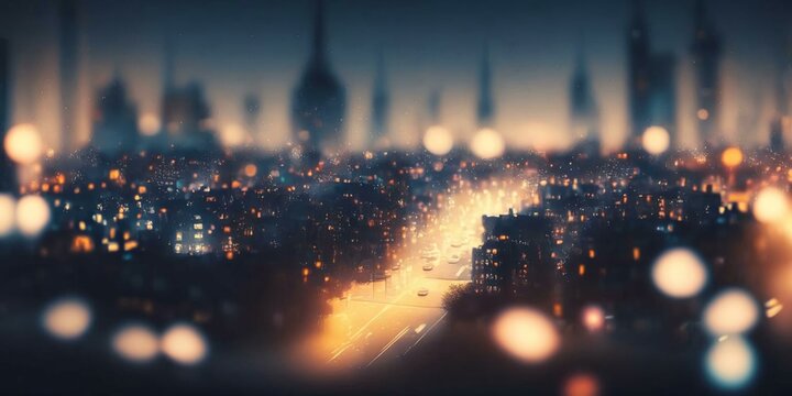 A blurry photo of a city with lights, a detailed matte paintingtime lapse at night, AI generative
