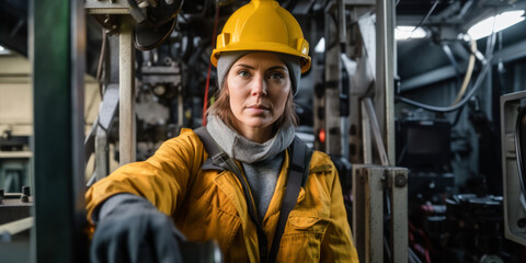 Young woman wearing yellow protective clothing, working on heavy machinery as an industrial crane operator. Gender equality at workplace concept. Generative AI