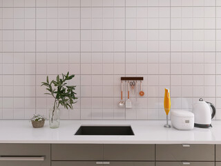 Fototapeta na wymiar Kitchen with appliances 3d render, 3d illustration